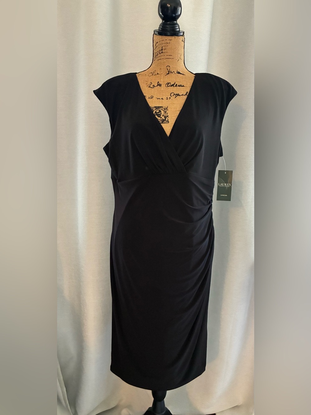 Ralph Lauren Black Cap-Sleeve Faux-Wrap Midi Dress